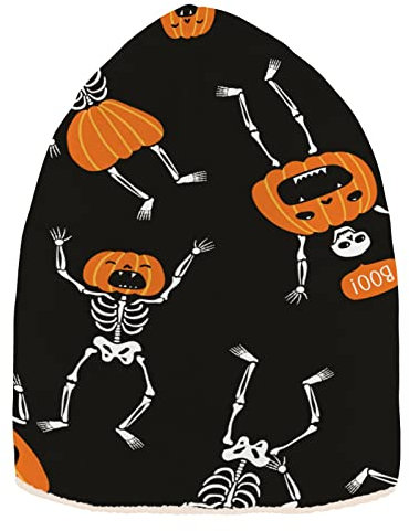 RPLIFE Wintermützen für Damen, modisch, Samtstoff, Herren, Wintermütze, Dankbar, Lustiges Skelett-Kürbismuster, Einheitsgr��e