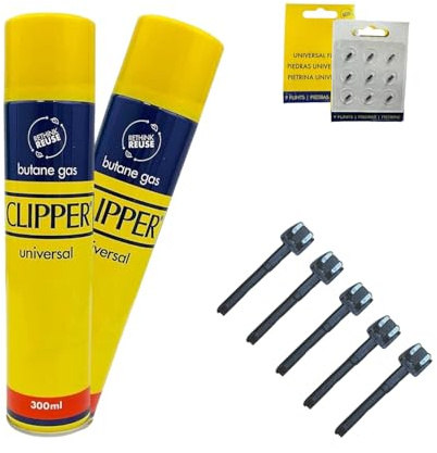 2 x Genuine Clipper Gas For Lighters - 300ml Gas | BBQ, Candle, Camping, Kitchen, Cooking Lighter + 5 x Clipper Lighter Replacement Wheels - 2 x Packs Of Clipper Lighter Universal Flints
