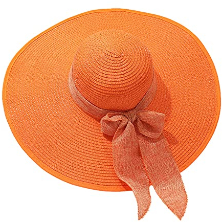 Women Solid Sun Straw Hat Pre Tied Knot Round Wide Brim Hat Roll Up Lounce Vintage Sunshade Hat Panama Hat Beach Travel Outdoor Lightweight Fashion Orange One Size