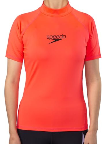 Speedo Rashguard Camiseta de Baño de Manga Corta para Mujer Secado Rápido Protección UV UPF 50+ Rojo Fénix/Negro,S
