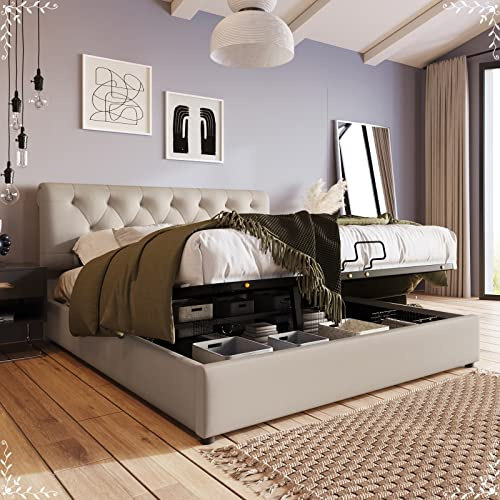 Whoiy Bett 160X200, Stauraumbett Holz Beige Hydraulisch Gepolstertes Bett mit Verstellbarem Kopfteil für Doppelbett mit Metal Lamellen Jugendbett