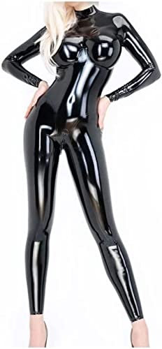 Men Latex Catsuit with E Cup Silicone Breast Sexy Latex Unitard Back Zip,Clear,Small