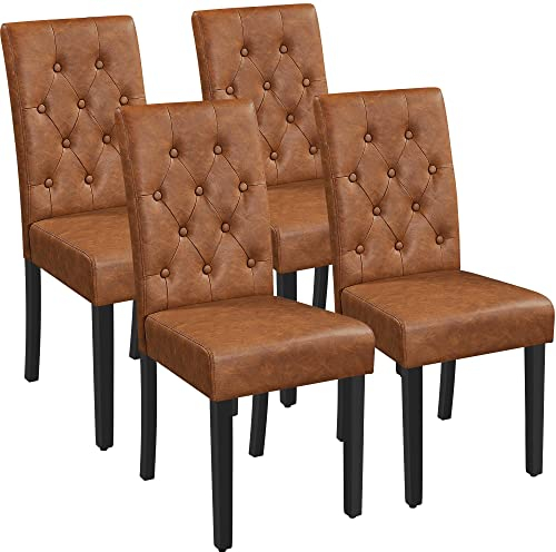 Yaheetech Esszimmerstühle 4er Set Küchenstuhl Lehnstuhl Polsterstuhl mit hoher Rückenlehne, Beine aus Massivholz, gepolsterte Sitzfläche aus Kunstleder, Retro Braun