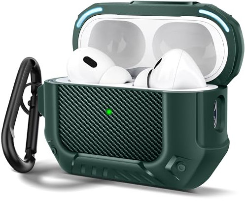 MOBOSI für Airpods Pro 2 Hülle(2nd/1st Gen), Compatible with MagSafe, Carbon Fiber Airpods Pro 2 Case, Magnetic Lid, Hard Shell Protective Case Cover with Keychain(2023/2022/2019),Green