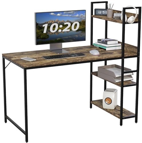 Vida Designs Brooklyn 120cm Large Computer Desk with Storage Shelves, Home Office Writing Desk Industrial Style Laptop Table (Dark Wood)