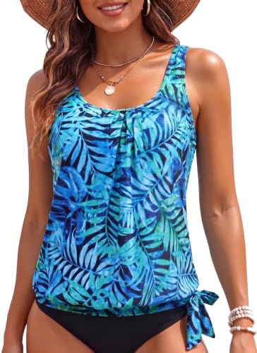 Yonique Womens Blouson Tankini Top Only Loose Fit Swim Top No Bottom Modest Swimsuit Blue Leaves Large