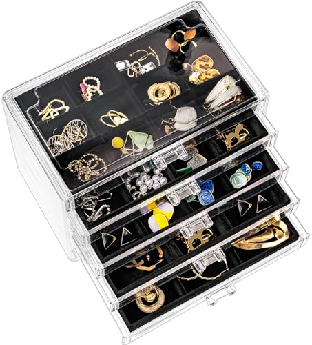 ProCase Acryl Schmuck Organizer Schmuckschatulle für Damen Durchsichtige Schmuckaufbewahrung Schmuckkästchen Schmuckbox mit 5 Schubladen für Ohrringe, Ringe, Armbänder -Schwarz