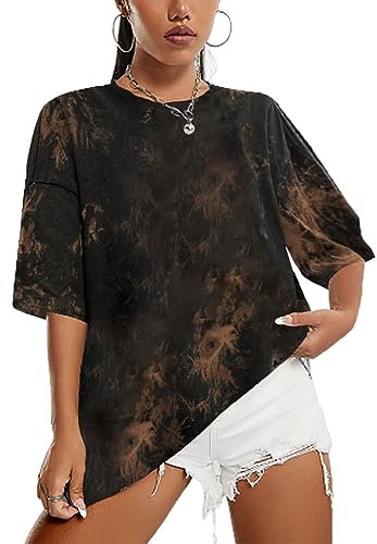 Sofia's Choice Damen Oversize Batik T Shirt Rundhals Kurzarm Top Sommer Locker Oberteile Brown XXL