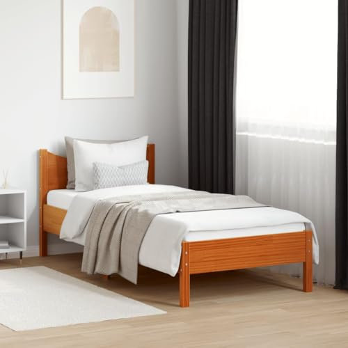 vidaXL Massivholzbett, Bett Einzelbett für Schlafzimmer, Bettrahmen mit Lattenrost Kopfteil, Schlafzimmermöbel Holzbett, 90x200 cm Wachsbraun Kiefer