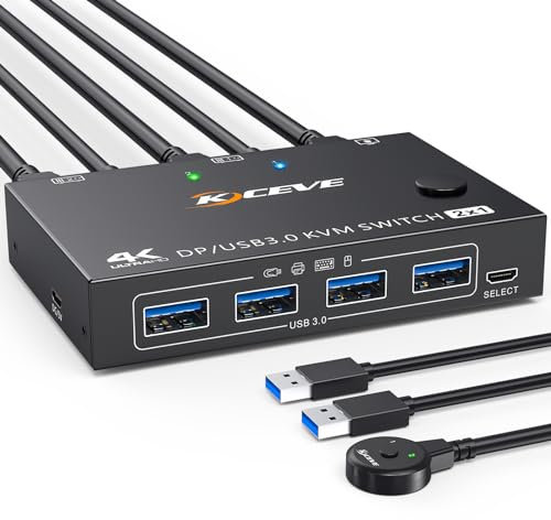 YOUTINGHDAV KVM Switch 2 Computers 1 Monitor Displayport 1.4, USB 3.0 KVM Switch 4K@144Hz for 2 Computer Share 4 USB 3.0 Devices Keyboard Mouse, with Wired Remote