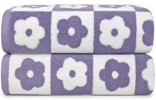 Jacquotha Baumwoll-Badetücher, 2 Stück, kariert, Blumenmotiv, Violett, leicht, schnell trocknend, für Bad, Dusche, ca. 70 x 140 cm