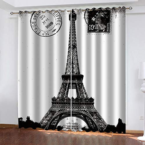 Gardinen Blickdicht 3D Gemälde des Eiffelturms Druck Verdunkelungsvorhang Mit Ösen - Thermo Vorhänge 2Er Set Für Schlafzimmer Wohnzimmer, Vorhang Kinderzimmer Mädchen Junge