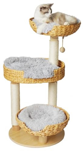 Yorrbily Cat Tree 39 Inches with 3 Baskets, Scratching Post, Cozy Cushion, Cat Climbing Tower (Light Gray Cushion)
