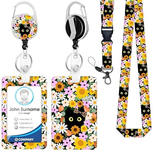 OEEYYT Simpatici cordini per collo con porta carte di credito retrattile badge cordino con porta carte di credito cordino staccabile porta carte divertente gatto ID badge insegnante cordino per