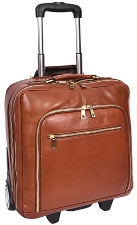 Genuine Leather Pilot Case with Wheels Telescopic Handle for Business Travel Bag Sussex (Tan)