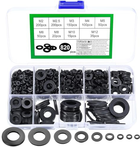 820 Piezas Arandelas Planas, Arandelas de Sellado O Ring, Arandela de Nylon Negras, Arandelas de Seguridad, Arandelas de Plástico para Tornillos Pernos, Arandelas M2 M2.5 M3 M4 M5 M6 M8 M10 M12