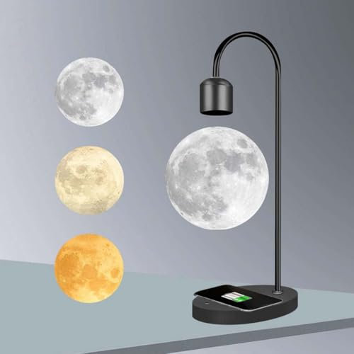 AoLa Schwebende Mond Lampe Frei Schwebend Und Drehbar Tischlampe mit Kabellosem LadegeräT und 3D Druck LED Mondlicht 3 Farben Magnetische Kinderzimmer Mond Tischleuchte Raum Deko Nachtlicht,Schwarz