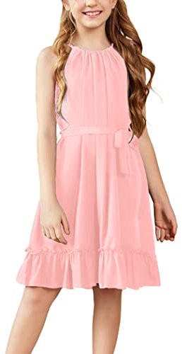 Arshiner Ragazze Vestiti Rosa Senza Maniche Estivo Orlo Balzato Vestito per Bambini Casuale A-Line Vestiti Graziosi da Festa Vestito alla Moda con Cintura 13-14 Anni