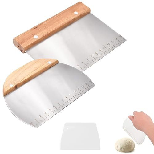 2 Stk Teigschaber Edelstahl, Holzgriff KüChenschaber,Teigkarte, Lebensmittelqualität Teigschneider,Küchenspachtel mit Skalierung, Gebäckschaber für Brotschneiden Kuchen PizzaRunder Eckiger Griff