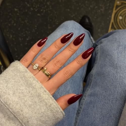 KQueenest Soft Gel Press on Nails Almond Medium, Dark Red False Nails Almond, Glossy Solid Burgundy Stiletto Fake Nails Set, Natural Stick on Nail for Women Finger Daily Wear 24 Pcs