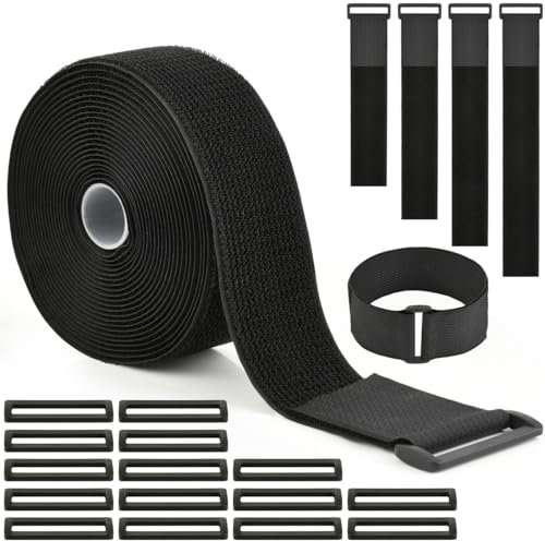 CENBEN 5m Heavy Duty Hook and Loop Straps with 15 Buckles, Black Reusable Adjustable Cable Strap Elastic Cinch Straps Self Adhesive Fastening Cable Ties for Cable Wire Cord Organiser, 5cm Wide