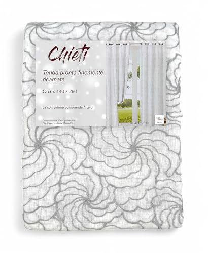 Tenda Chieti Ricamata con Anelli - 140x280 cm Tessuto Grigio - Elegante Motivo Floreale, Pronta all'Uso
