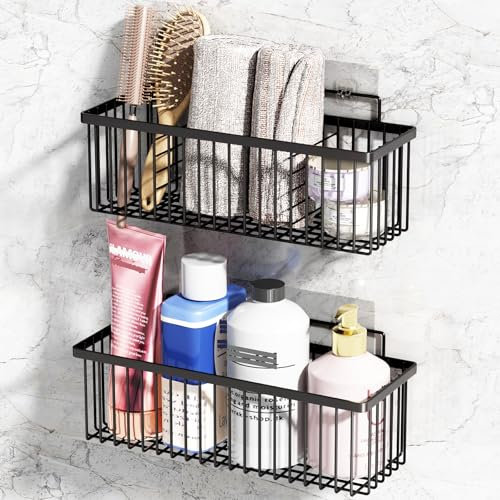 SUMAITech Hängender Korb Metall, 2 Stück Drahtkorb ohne Bohren, Draht-Aufbewahrungskörbe, Wand-Obstkorb, Badezimmer-Wand-Organizer, Gewürzregale für die Küche Wand, Schwarz