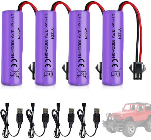 Afenau Lot de 4 batteries RC 1000 mAh 3,7 V - 3 7 V - Batterie Li-ion 1000 mAh avec 6 câbles de charge USB - Batterie Li-ion 14500 3,7 V - Batterie Li-ion rechargeable 3,7 V 1000 mAh pour véhicules