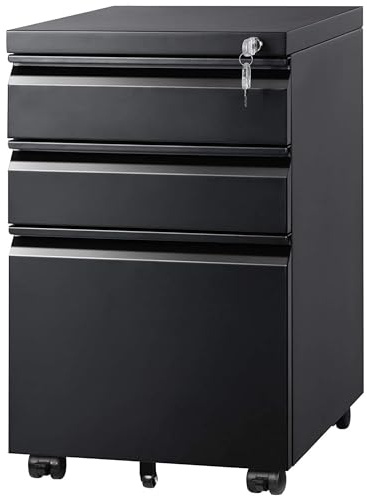 DEVAISE 3 Drawer Filing Cabinet, Lockable File Cabinet, Under Desk Drawers with Storage, Metal Fits Letter / A4 Size for Home Office, Black