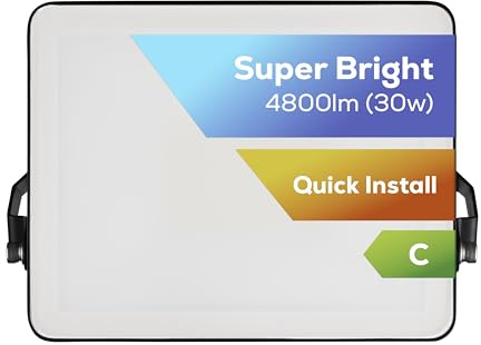 TCP 30W LED Security Floodlight, Outdoor, Bright 4800lm, Cool White 4000K, IP65 Waterproof, Easy Install Long Adjustable Bracket, Easy Push Connector Enery Class C No Plug Garage Garden