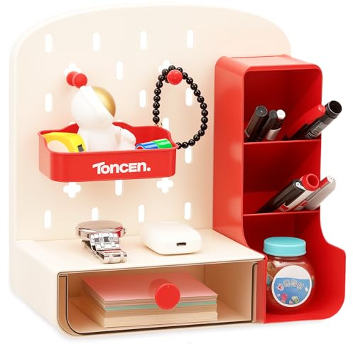 shaojian Organiseur de bureau avec tiroir et panneau perforé, joli organiseur de bureau multifonction pour bureau avec 5 compartiments pour l'école, la maison, le bureau (rouge)