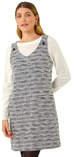 Roman Originals Textured A-Line Pocket Dress for Women UK - Ladies Everyday Autumn Winter V-Neckline Comfy Soft Evening Vacation Work Party Night Out - Black - Size 14
