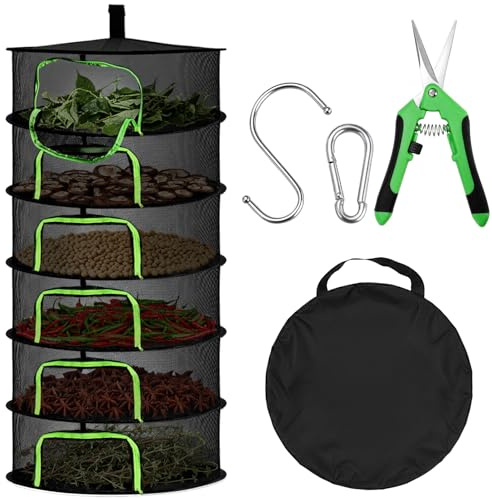 Coloch 6 Layer Herb Drying Rack with Zipper, Foldable Food Drying Net Collapsible Hanging Seed Drying Mesh with Garden Shear, Hook, Bag, for Plant, Seed, Bud, Fruit, Food, 23.6”x47”