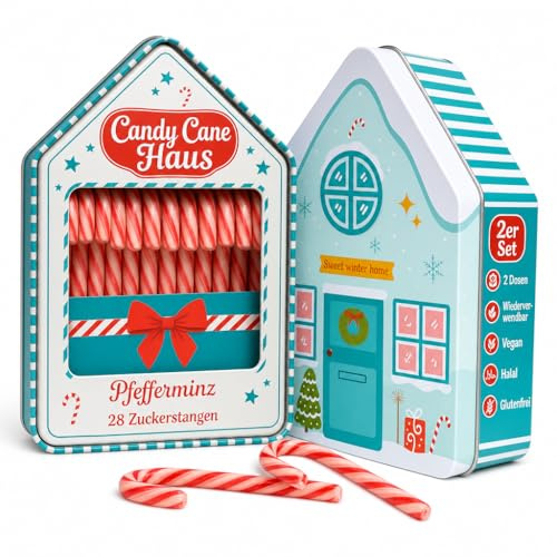 MIJOMA Candy Cane House 2er Set - 28 Zuckerstangen in dekorativer Blechdose - Pfefferminzgeschmack - vegan halal glutenfrei - mit natürlichen Farbstoffen -2x168g