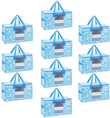 VENO 10er-Pack Umzugstaschen XXL(87 Liter) mit Sichtfenster, Faltbare Aufbewahrungstasche, Starke Griffe & Reißverschluss, Alternative zu Umzugskartons für Kleidung,Frühlingsbrise