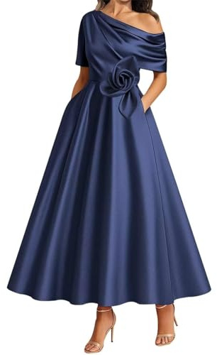 WISIYLE 3D Flower Bridesmaid Dresses Cap Sleeve Prom Mother of The Bride Dress One Shoulder Wedding Formal Gowns WQL008 Navy UK18