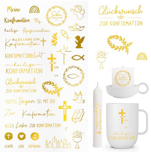 COMOOKA 5 Bögen Konfirmation Aufkleber Gold Kerzen Sticker Konfirmation Kerzentattoos Konfirmation Sticker Selbstkleben für Gästbuch Geschenke Fotoalbum Scrapbook Jungen Mädchen