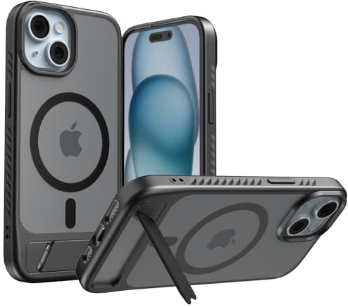 LUNOVATE for iPhone 15 Plus/14 Plus Case with Invisible Stand, N52 Magnets 14FT Shockproof Protective Cover, [20W Fast Charging] Anti-Slip Magnetic Phone Case for iPhone 15 Plus/14 Plus - Black Matte
