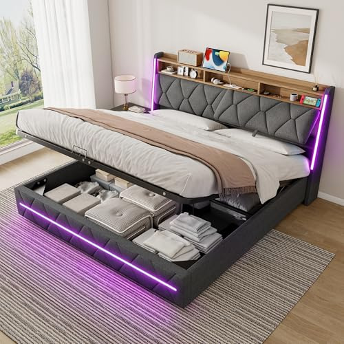 ZUUYEE Doppelbett Polsterbett 180x200 mit LED, USB C, Hydraulische Bett mit Stauraum und Kopfteil, Bettgestell mit Metallrahmen Bettkasten und Lattenrost, Bett 180x200, Grau, Leinen, ohne Matratze