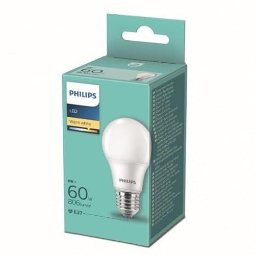 PHILIPS LED Lampe, Warmweiß, 8W, A60, E27, 60W Äquivalent, Nicht Dimmbar, 2700K, 806 Lumen