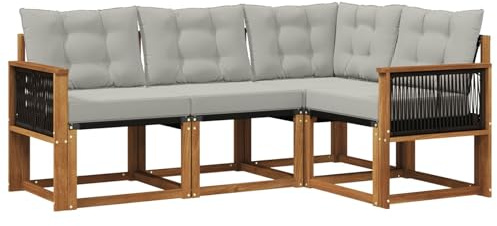 vidaXL Outdoor-Sofagarnitur mit Kissen 4 pcs Natürlich und Hellgrau, Gartenmöbel, modernes Sofa-Set für draußen, Loungebereich, haltbare Terrasse zum Entspannen und Wohlfühlen