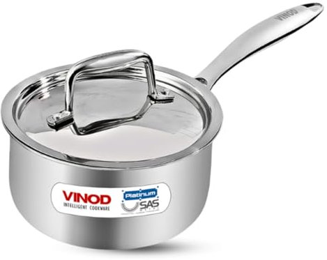 Vinod Platinum Triply Stainless Steel Saucepan with Stainless Steel Lid 1.6 Liters Capacity (16 cm Diameter) with Riveted Handle - Silver (Induction and Gas Stove Friendly)