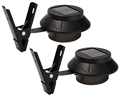2 x Clip On Garden Gutter Lights - Solar Powered Wire-Free Weather Resistant Plastic & Metal Outdoor Garden LED Security Lighting - Secure On Guttering, Fences, Walls, Each 11cm Diameter