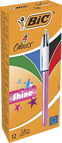 BIC 4 Farben Kugelschreiber Set 4 Colours Shine, Schaft in metallic pink, 12er Pack, Ideal für das Büro, das Home Office oder die Schule