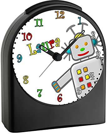 CreaDesign, WU-50-1046, Roboter, analog Kinderwecker schwarz, Funkwecker ohne Ticken, mit Licht, personalisiert mit Namen, 9,6 x 5,5 x 11,9 cm, 104 g