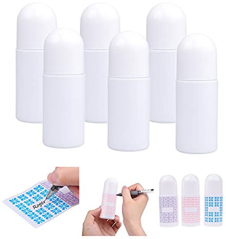 Nachfüllbare Roll-On Deo-Flaschen (6-Pack) - Leer - Auslaufsicher - 50 ml - 20 beschreibbare Aufkleber - Drehverschluss - Für selbstgemachte Deo, Mückenschutz, Sonnencreme, Feuchtigkeitscreme, etc.