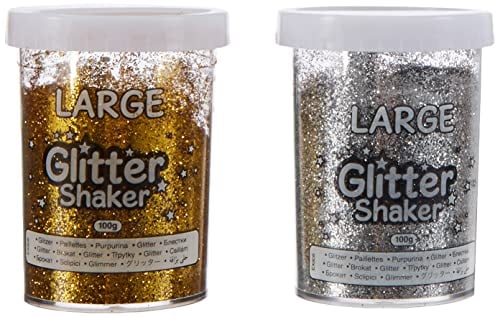 Baker Ross Jumbo Gold and Silver Glitter Shakers for Kids Arts and Crafts — Large Glitter Containers Ideal for Crafting in Classrooms, Schools, and Preschools (Pack of 2),100g