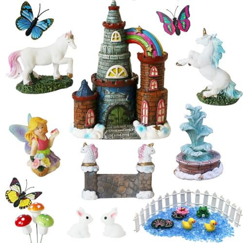 BangBangDa Einhorn Figuren Feengarten Zubehör - Miniatur Einhorn Geschenkset Outdoor Garten Deko - Fee Figuren Schloss Brunnen Mädchen Geburtstagsgeschenke (23er Set)