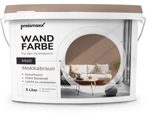 Preismaxx Wandfarbe Braun Mokkabraun hohe Deckkraft matt hochdeckend 10l | Für Wände, Decken, Putz, Tapete & Altanstriche, geruchsarm, tropfgehemmt, Renovierung & Neuanstrich
