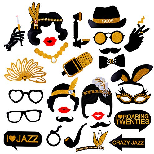 Accessoires Années 20, Yuccer 28 Pièces Photobooth Année 20 Roaring 1920 Gatsby sur Le Thème Photo Booth Props avec Bâtons DIY Selfie Props pour fêtes d'anniversaire Bridal Shower (28 Pièces)